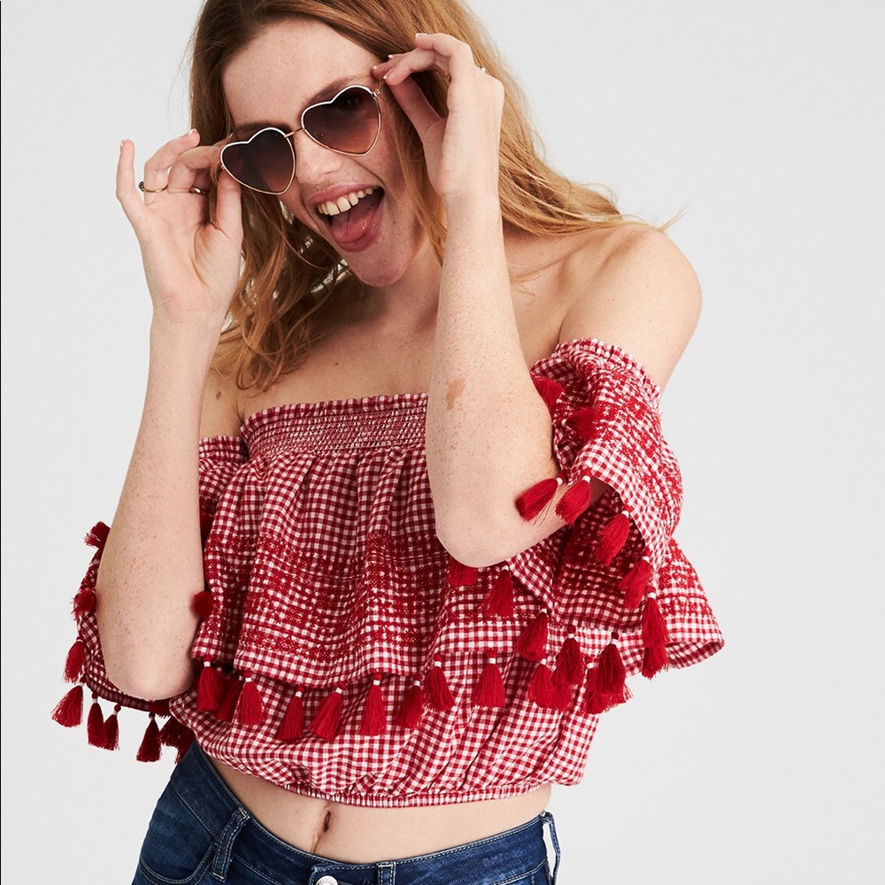AEO Red Gingham Off the Shoulder Bubble Crop Top